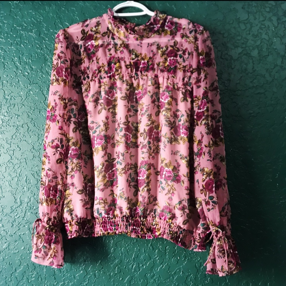 Express Floral Work Pink Ruffle Sleeve Blouse